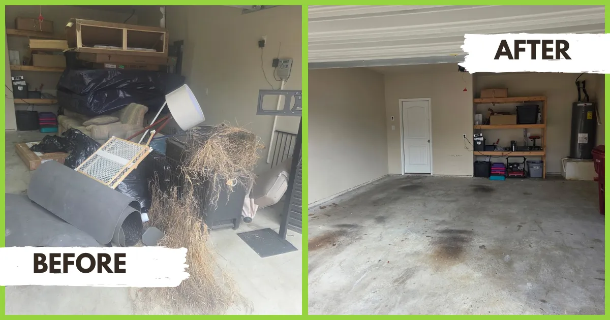 Garage before and after a cleanout: rolled carpet, bags, a lamp and dead brush gone, floor bare