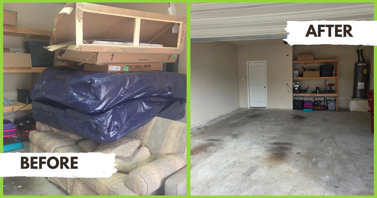The same garage before and after: plastic-wrapped mattresses, a couch and a mirror box hauled out