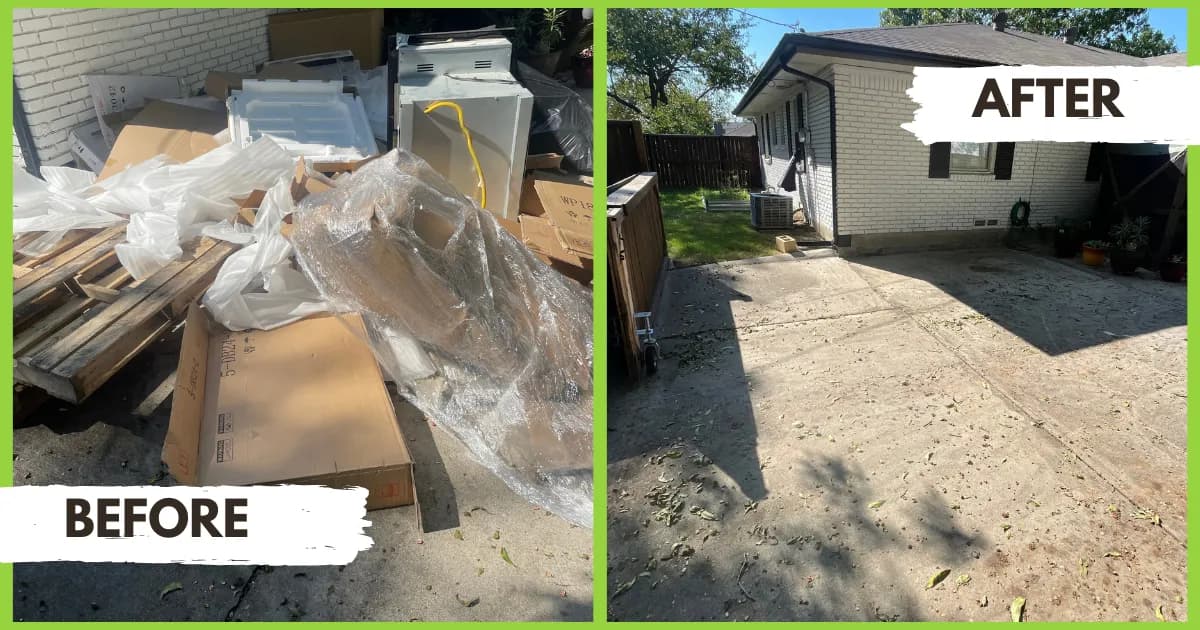 Cardboard, plastic wrap and pallets cleared from a concrete pad beside a house, before and after